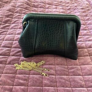 Black Croc-Embossed Leather Shoulder Bag with Gold Chain